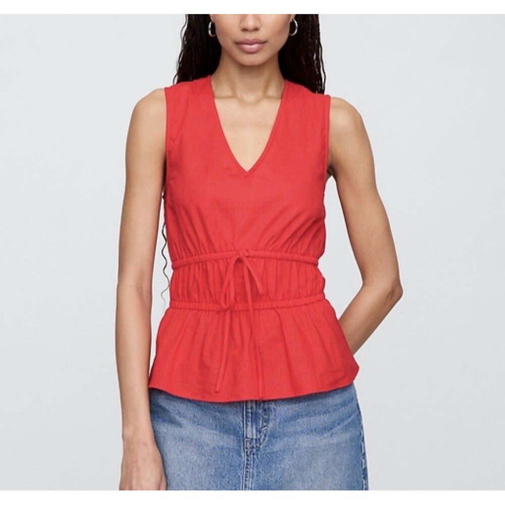 Gap Women’s Linen Blend V-Neck Top Red Small Peplum Tie Waist Sleeveless Blouse